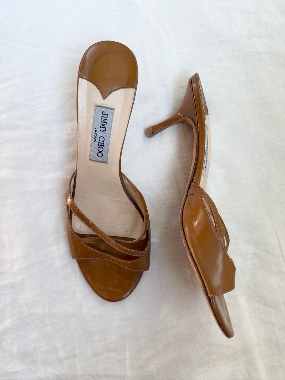 Jimmy Choo Vintage Leather Tan Brown Strappy Slide Kitten Heels